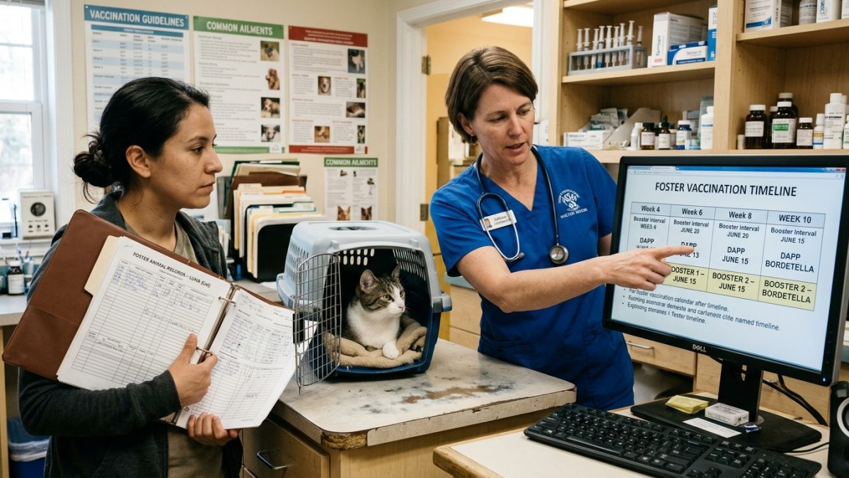 Veterinarian reviewing vaccination records and preventive health protocols for a newly adopted rescue dog in a multi-pet household.
