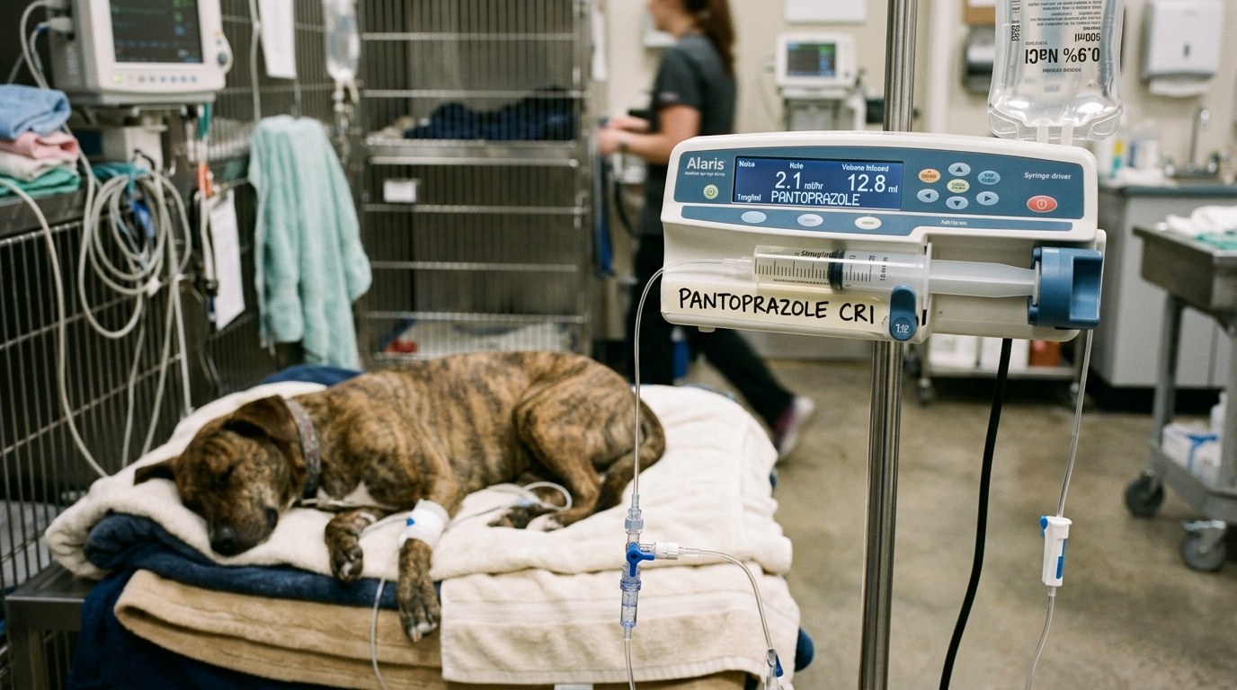 Veterinary intensive care constant rate infusion of gastroprotective agents and IV fluids