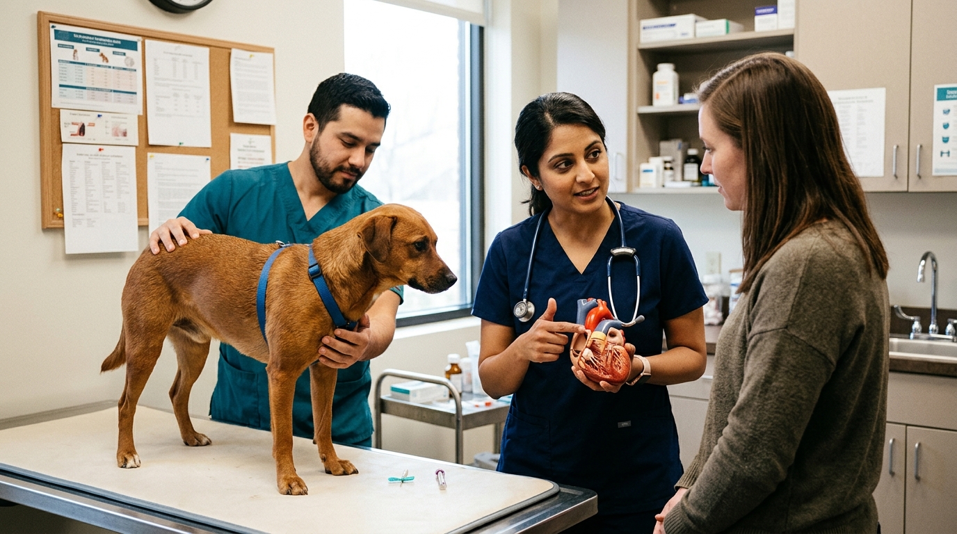 Figure 2: Clinical Heartworm Anatomy & Vector Transmission Consultation — A veterinarian using a canine heart model to explain pulmonary arterial worm burdens and the necessity of annual testing to an attentive newly adopted dog owner.