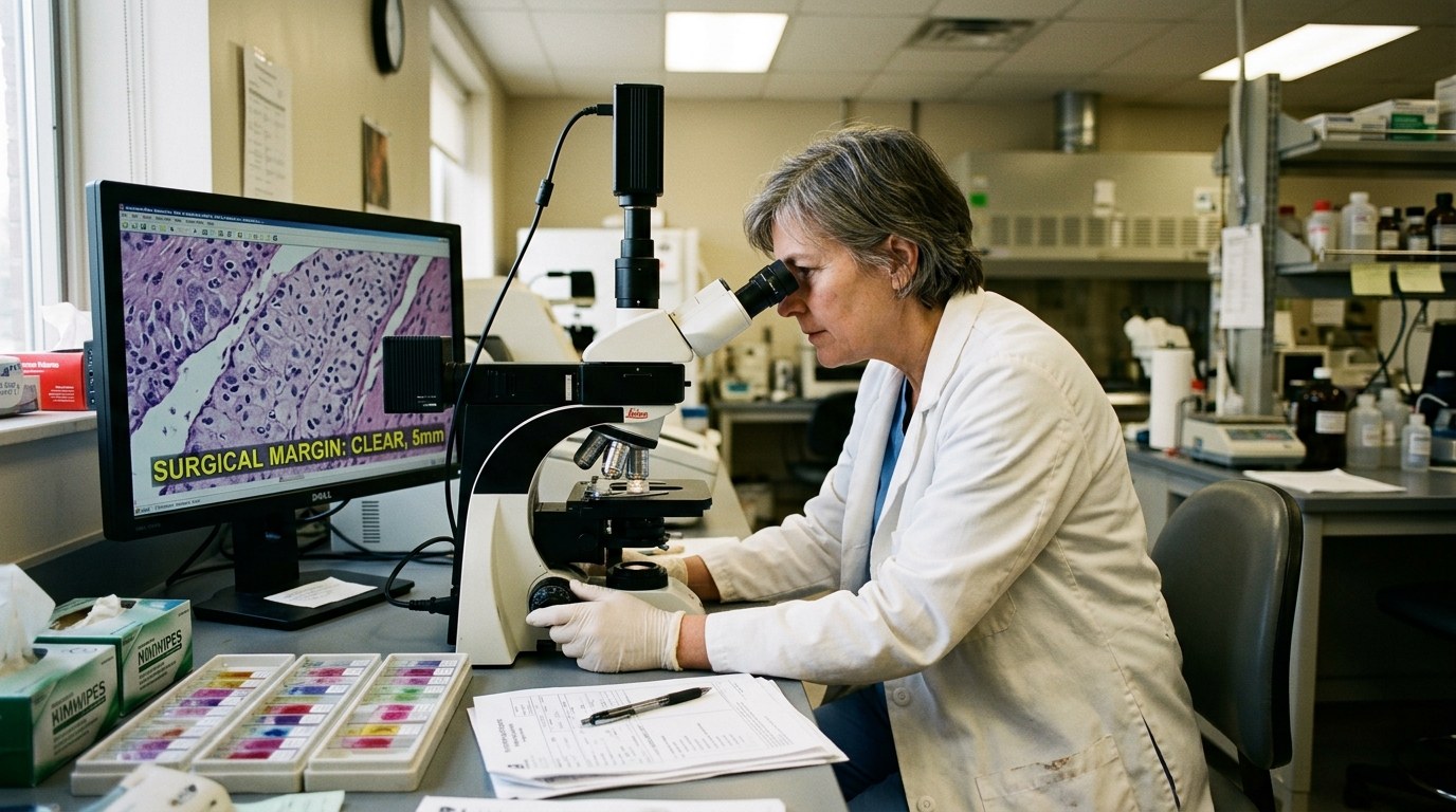 Veterinary pathologist examining inked surgical margins under polarized light microscope