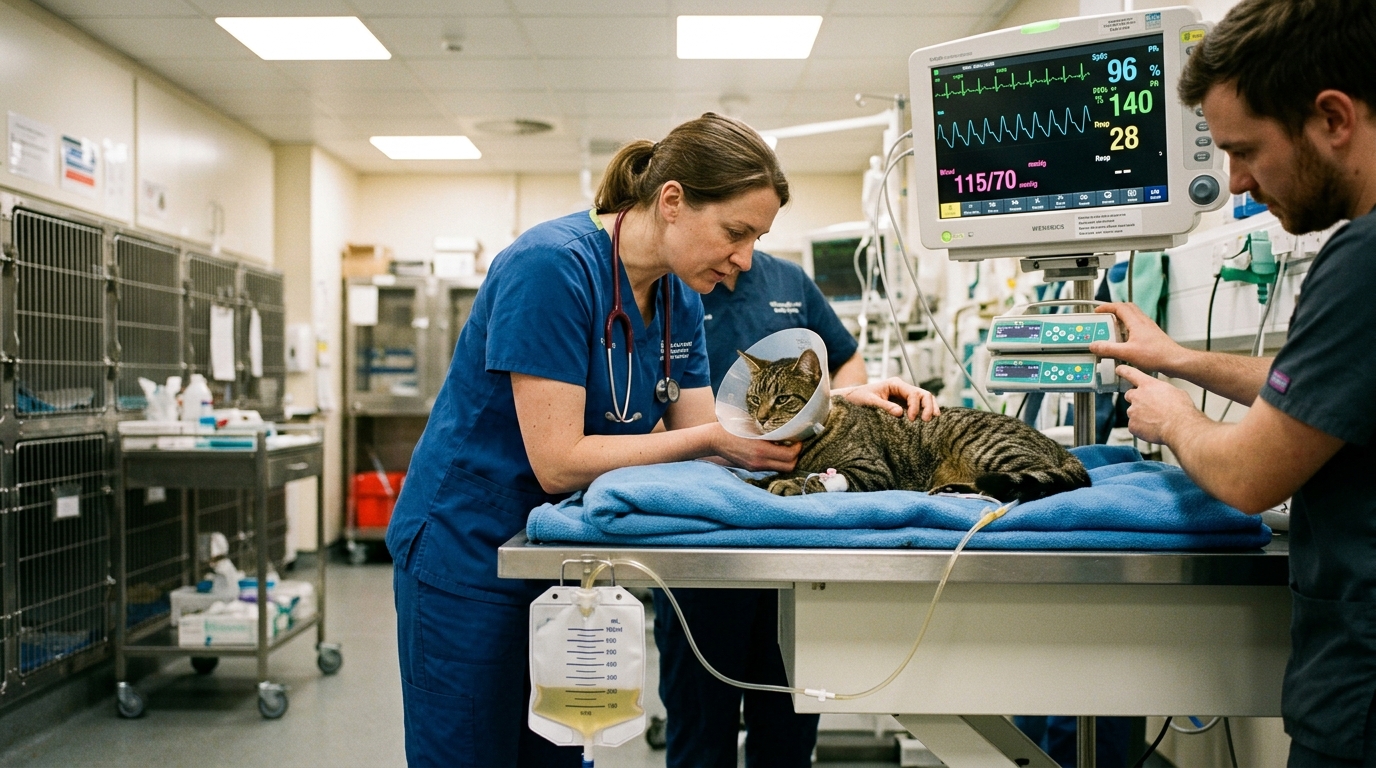 Figure 2: Veterinary ICU Feline Desobstruction Recovery & Telemetry — A male cat recovering from acute urethral blockage under intensive care with a graduated urinary collection system measuring hourly output, supported by normalized ECG rhythm telemetry.
