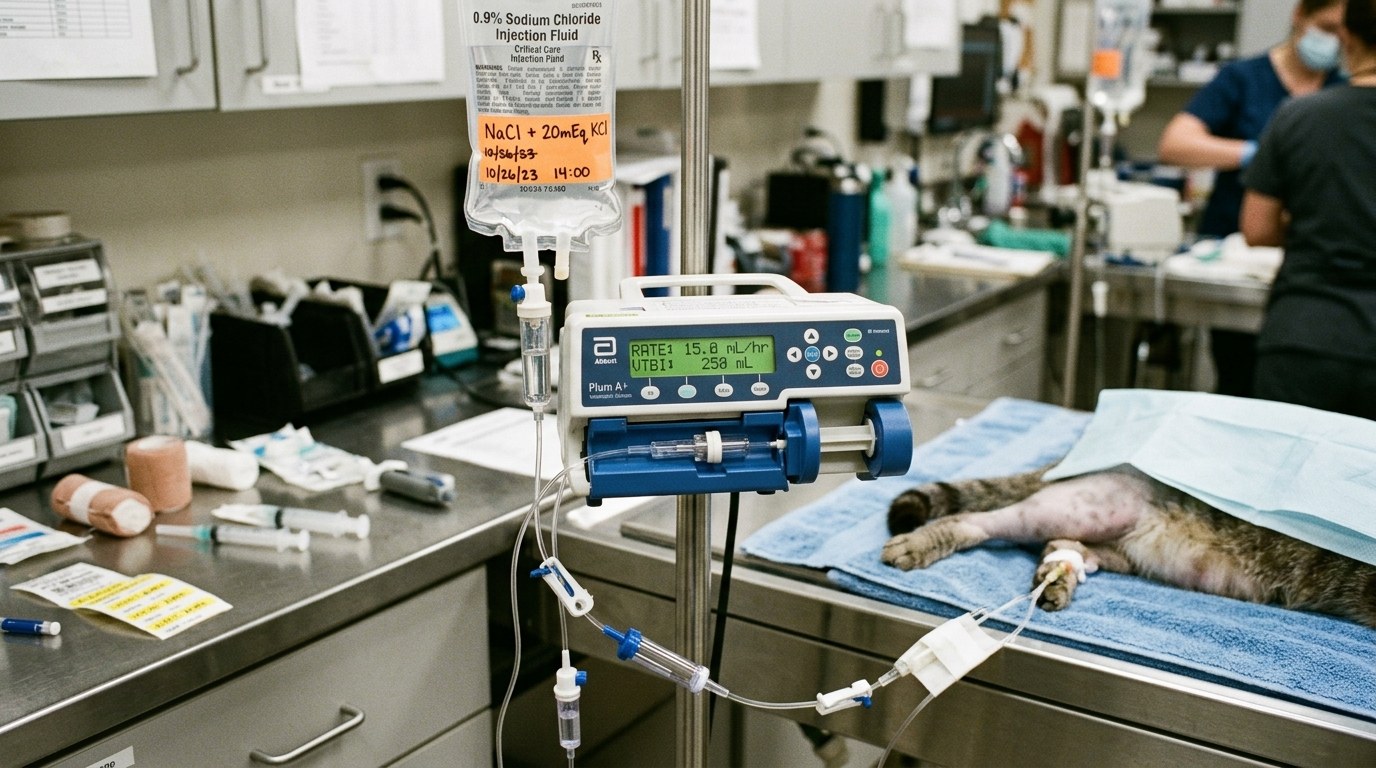 Veterinary intensive care unit intravenous fluid infusion station for renal protection diuresis