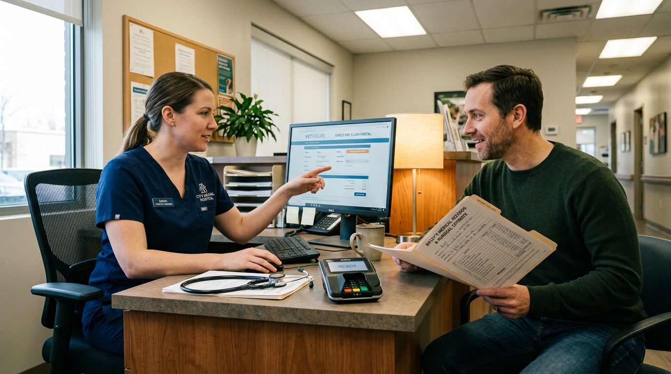 Figure 2: Veterinary Clinic Direct-Claim Submission & Finance Review — A practice manager guiding a pet caregiver through digital claim submission portals and surgical estimate reviews to ensure smooth reimbursement for emergency veterinary procedures.