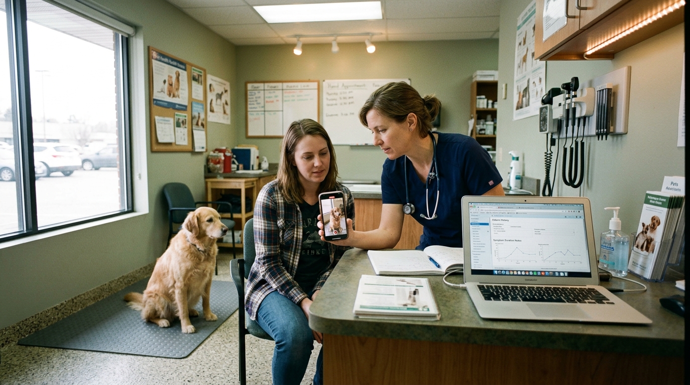 Figure 2: Diagnostic Intake Brief & Clinical Video Review — A veterinary clinician reviewing objective home smartphone video recordings of episodic symptoms with a caregiver during a consultation, correlating home footage with hospital medical records.