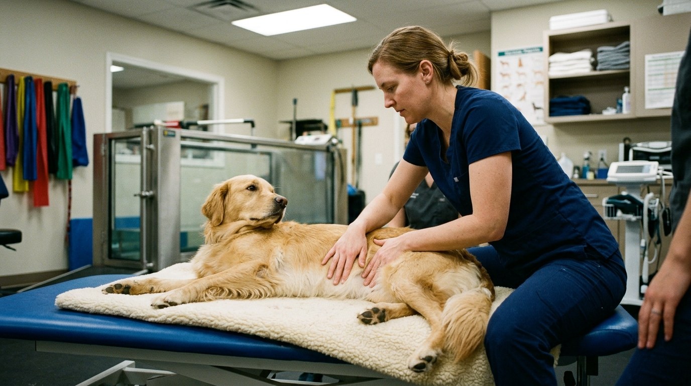 Veterinary demonstration of manual urinary bladder expression on recumbent paraplegic canine