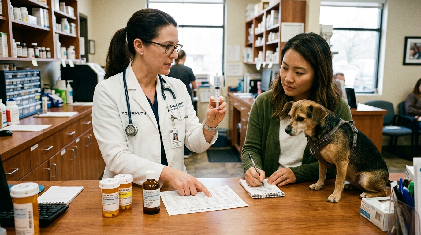 Figure 2: Clinical Medication Discharge & Administration Education — A veterinary clinician demonstrating oral liquid dosing measurements and reviewing medication timing sheets with an adopter taking notes beside her calm rescue dog.