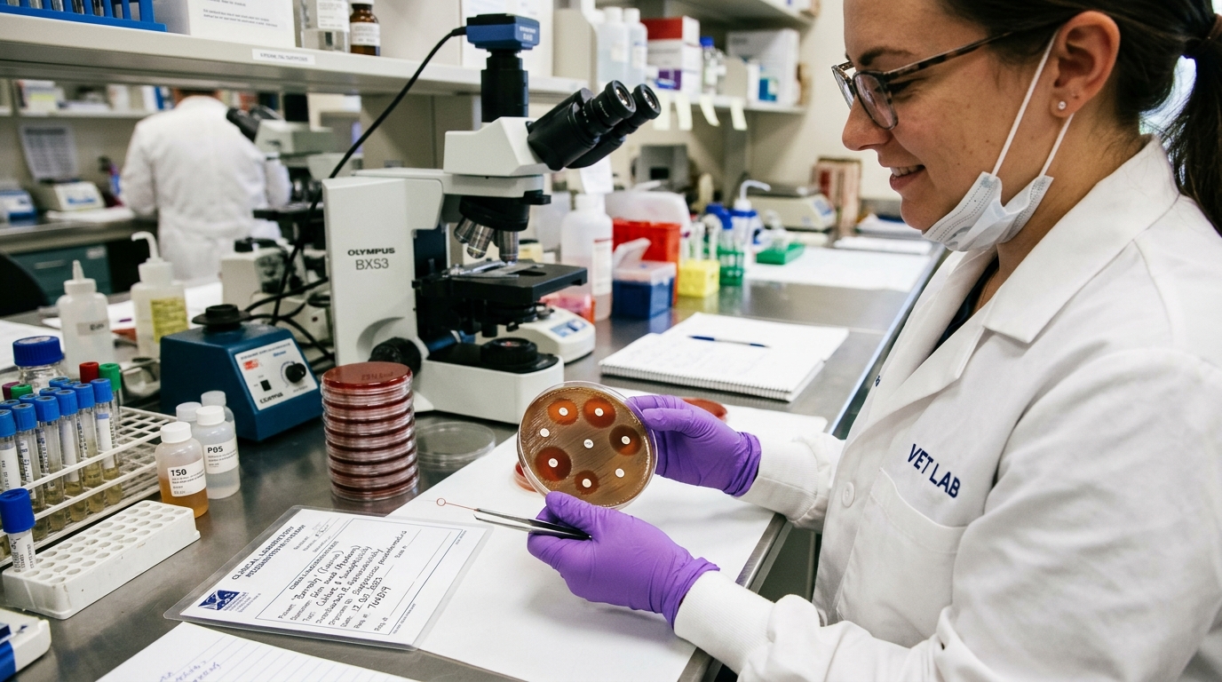 Veterinary technologist examining Kirby-Bauer disc diffusion susceptibility agar plate showing zones of inhibition around amoxicillin-clavulanate