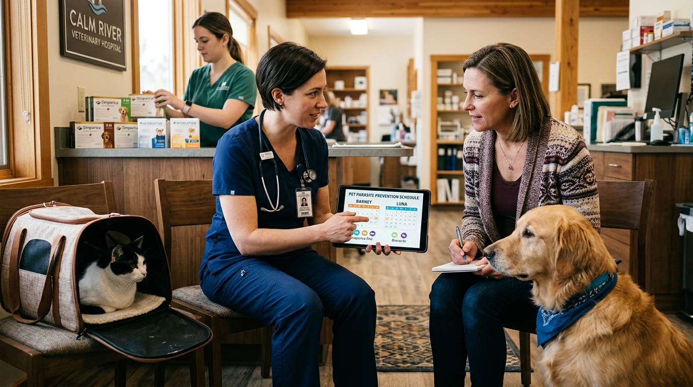 Figure 2: Multi-Pet Unified Parasite Planning Consultation — A veterinarian in scrubs reviewing a multi-animal preventative schedule and environmental flea pupae clearance on a tablet with a client owning both dogs and cats.