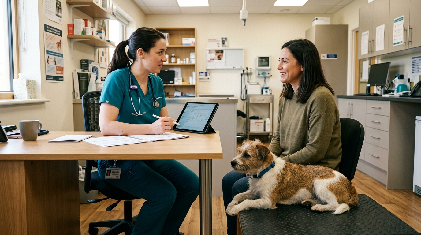 Figure 2: Primary Veterinary Relationship & Health Baseline Review — A veterinarian in scrubs reviewing shelter health records on a tablet with an attentive pet owner while a calm rescue terrier rests comfortably on a clinic mat.