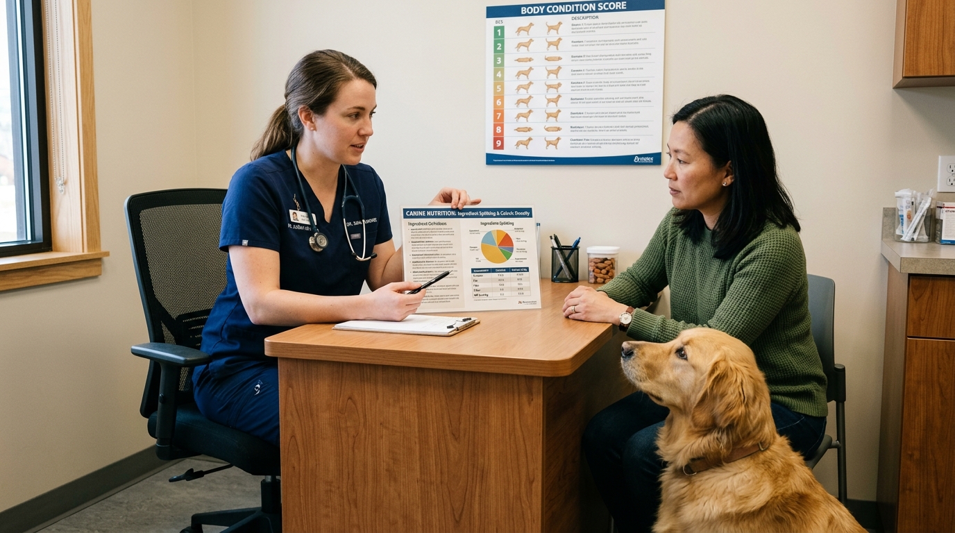 Figure 2: Veterinary Nutrition Client Education & BCS Assessment — Clinician explaining ingredient splitting, caloric density, and proper life-stage feeding guidelines to a pet owner, backed by a clinical canine Body Condition Score (BCS) wall chart.