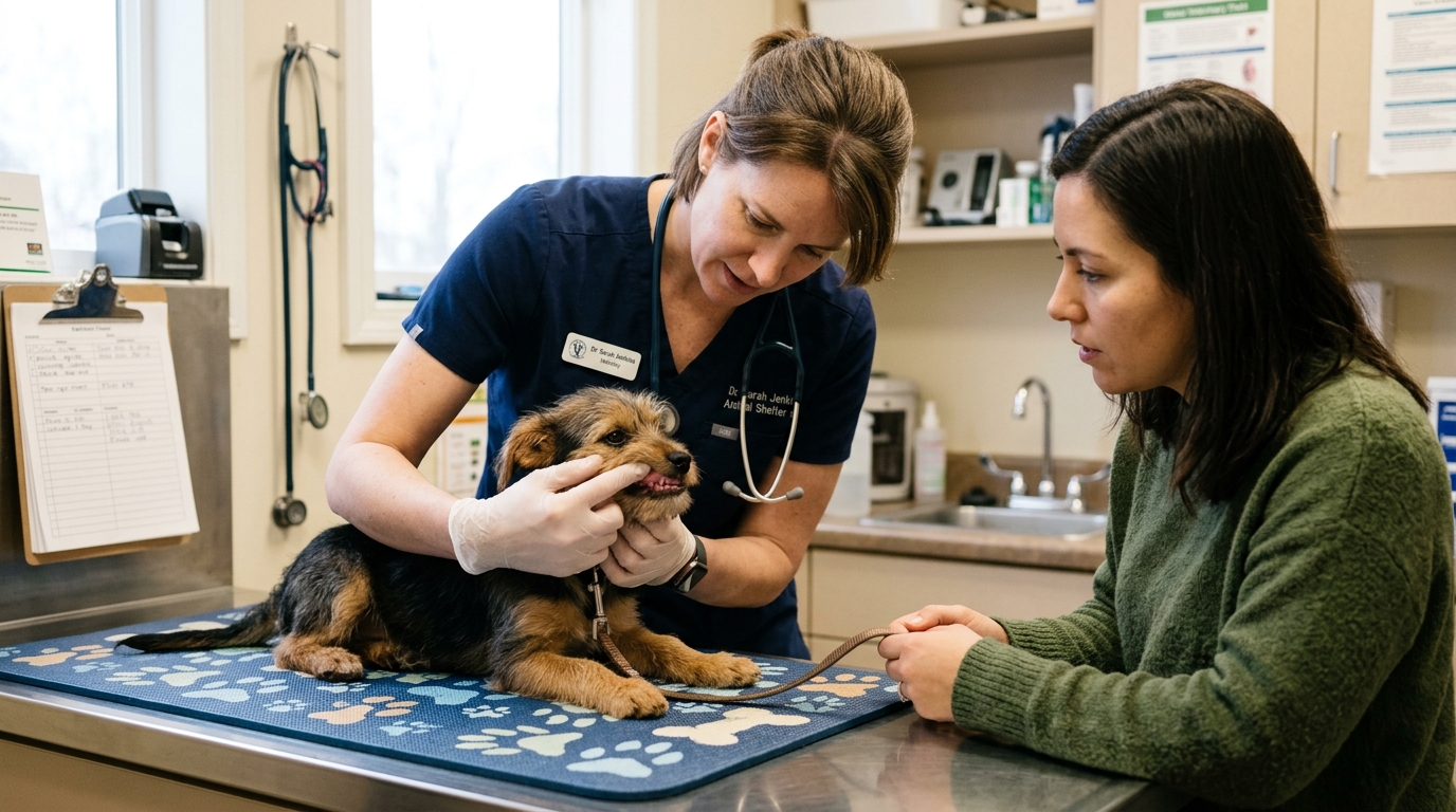 Figure 2: Pediatric Mucous Membrane Examination & Client Consultation — A clinician inspecting the oral gingiva and capillary refill time of a rescue puppy on an exam mat while demonstrating life-stage fluid deficit calculations to a new pet adopter.