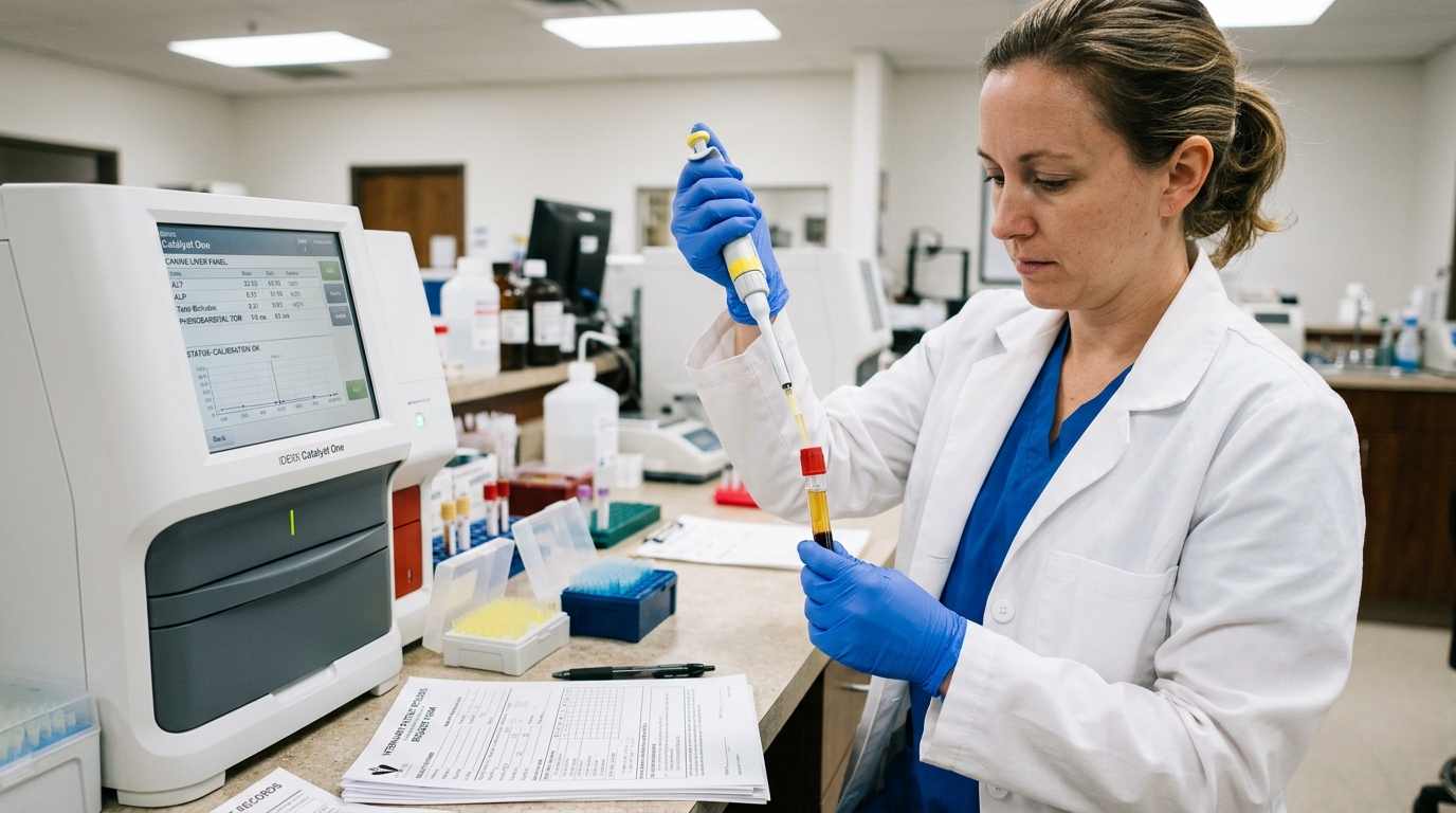 Veterinary technologist pipetting serum from centrifuged plain red-top glass tube for automated phenobarbital concentration analysis