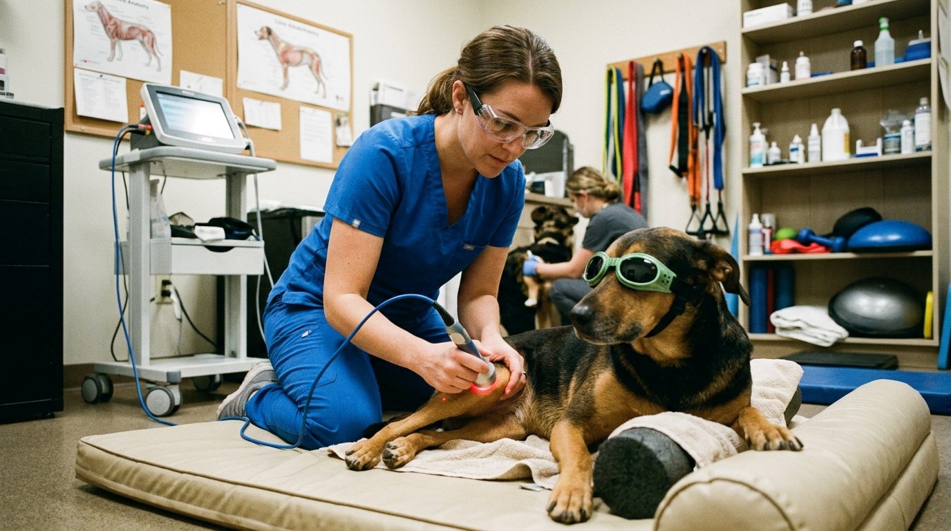 Veterinarian administering Class IV near-infrared photobiomodulation laser therapy to canine stifle