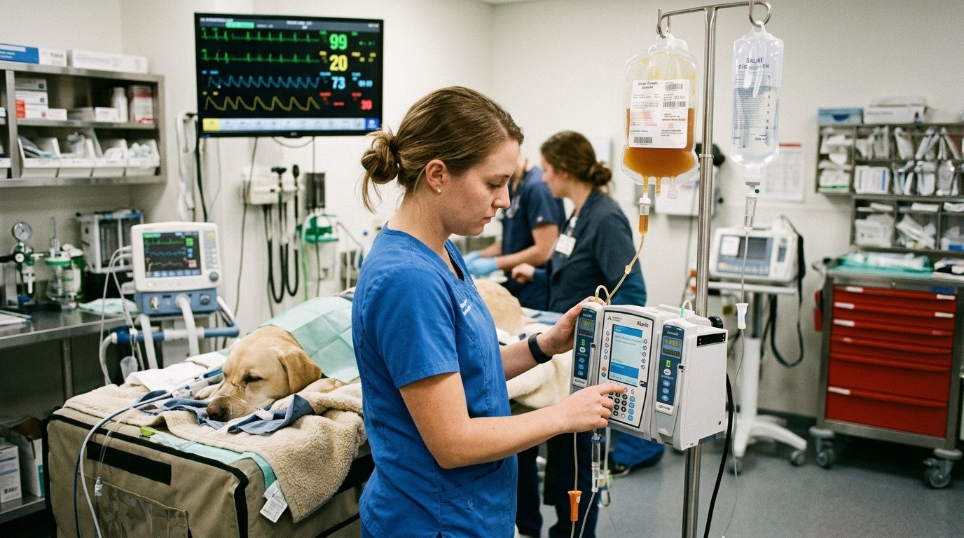 Veterinary intensive care unit setup administering fresh frozen plasma for acute hepatic failure
