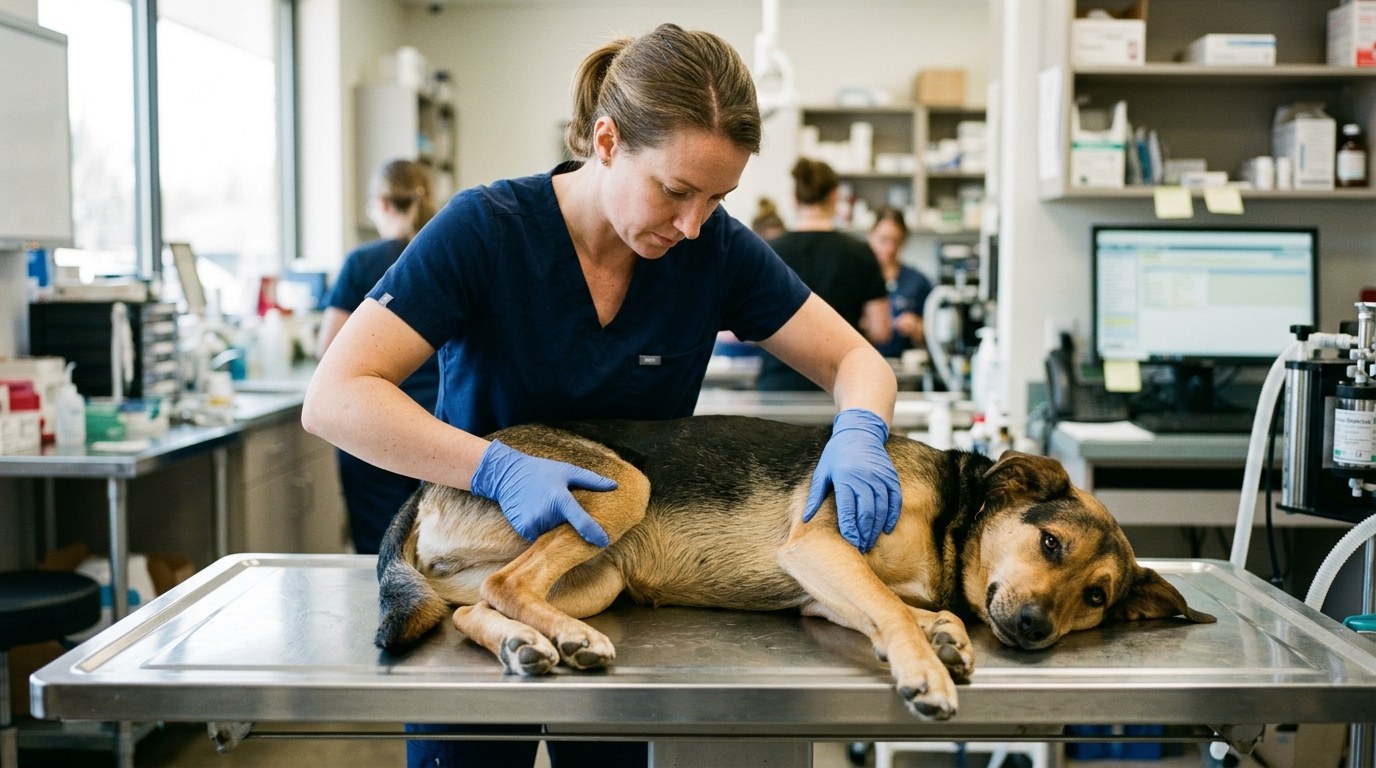 Veterinary orthopedic evaluation assessing joint range of motion and crepitus in canine stifle