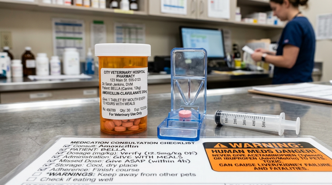Figure 1: Veterinary Prescription Verification & Dosing Equipment Exhibit — Macro display of a prescription label for Bella (12kg canine), precision oral syringe, stainless steel pill splitter, consultation question checklist, and human medication toxicity warning placard.