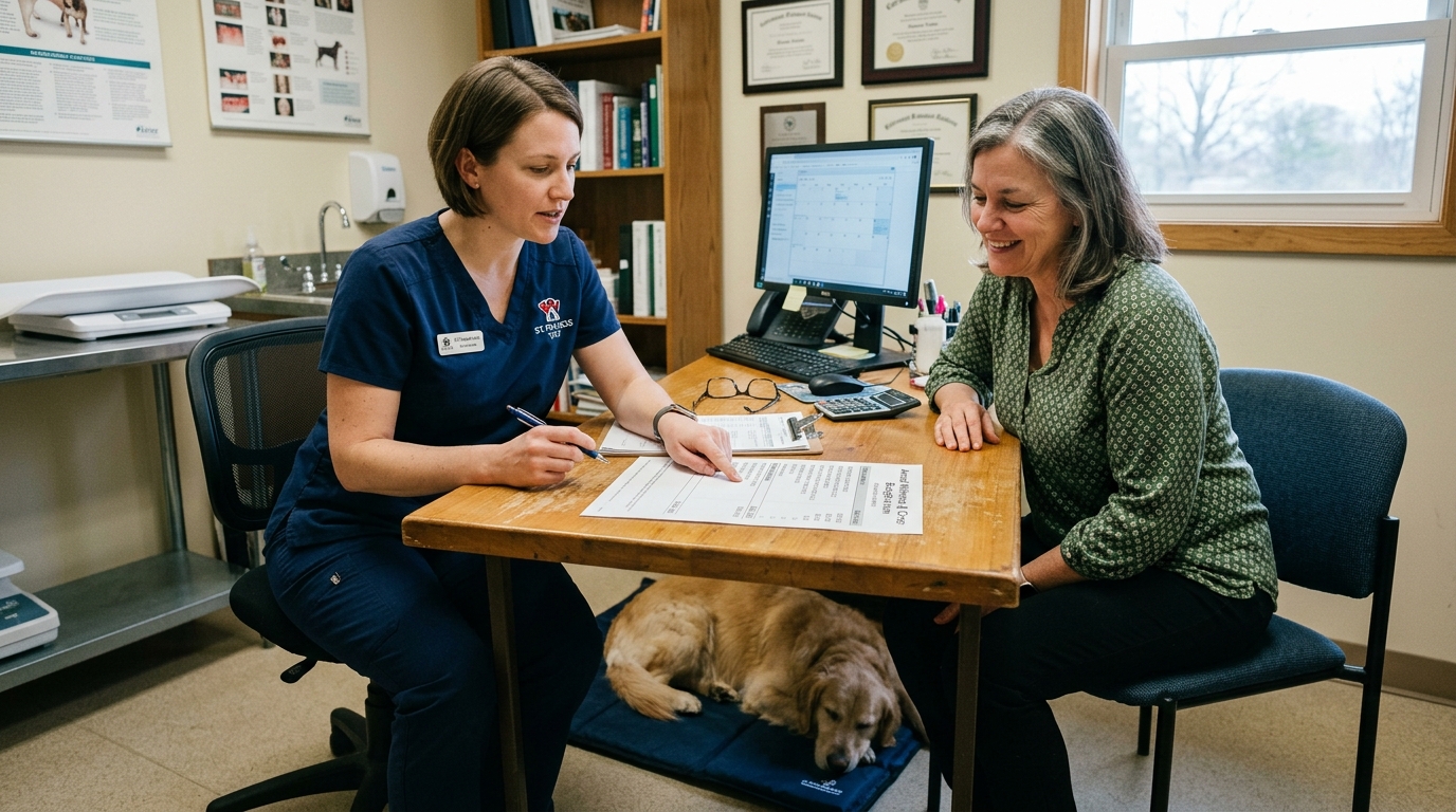 Figure 2: Veterinary Healthcare Economics & Preventative Planning Consultation — In-clinic financial review between practice management and a dog caregiver, structuring routine preventative care and insurance coverage to safeguard against acute cash-flow shocks.