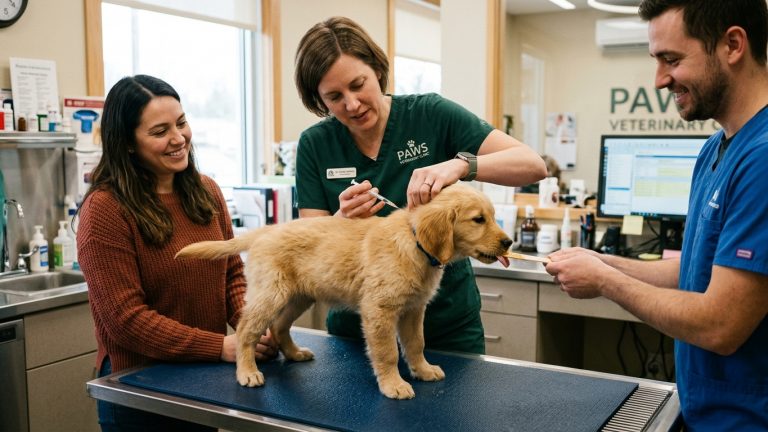 Veterinarian examining large breed puppy growth curve and bone alignment during wellness exam