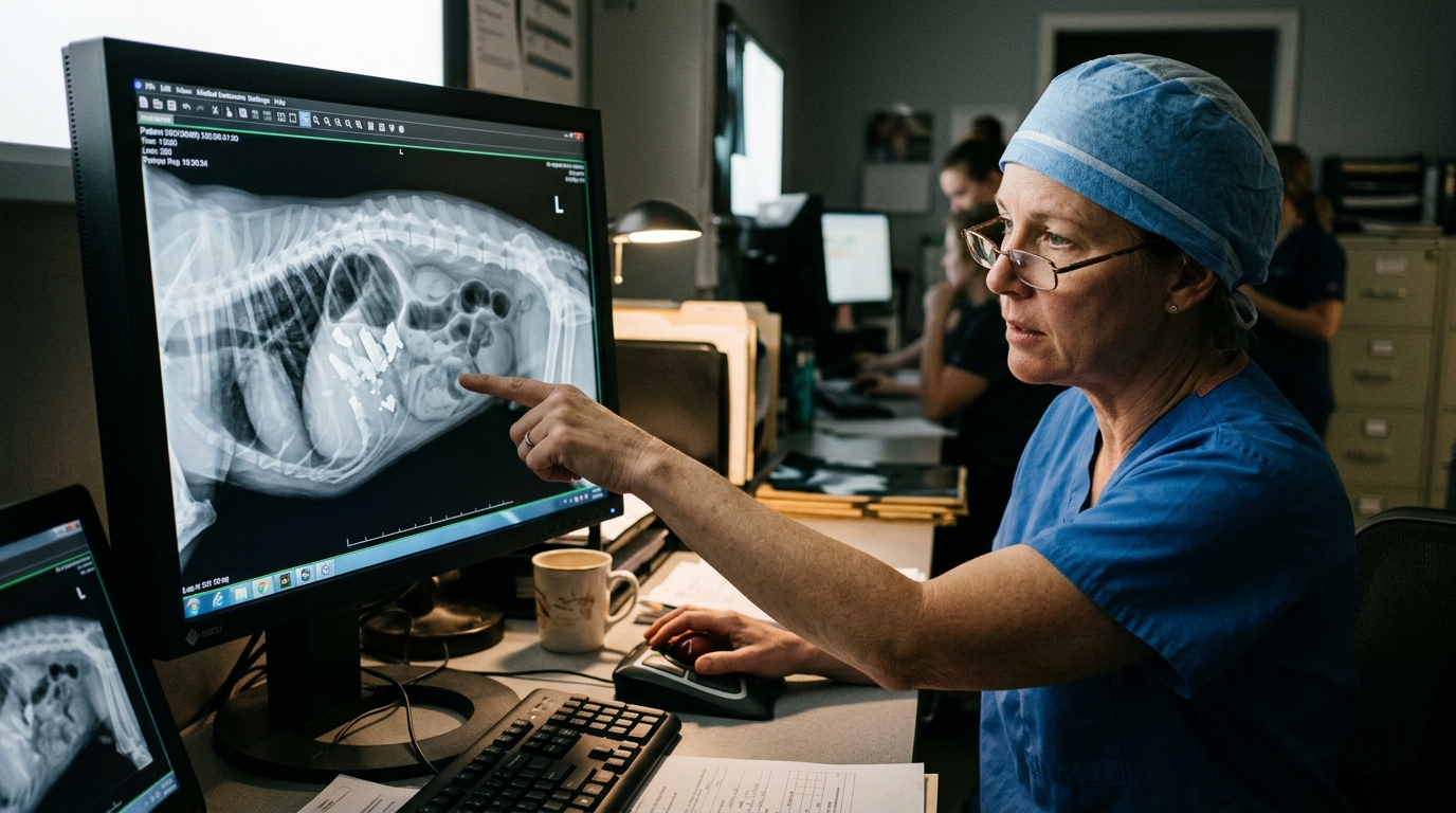 Veterinarian in surgical scrubs examining canine abdominal X-ray on medical monitor showing bone impaction in stomach
