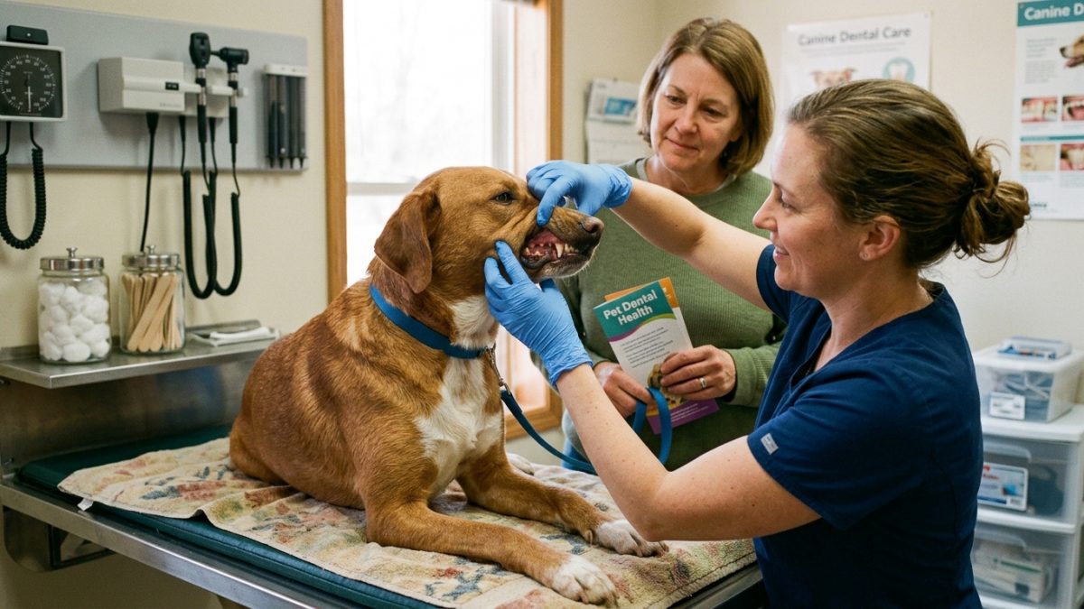 Veterinary surgeon inspecting healed gingival mucoperiosteal flaps and surgical extraction sockets following canine dental surgery.