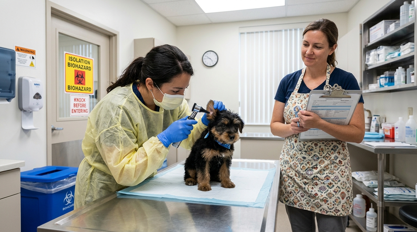 Veterinary intake physical exam and parasite screening for newly adopted rescue dog