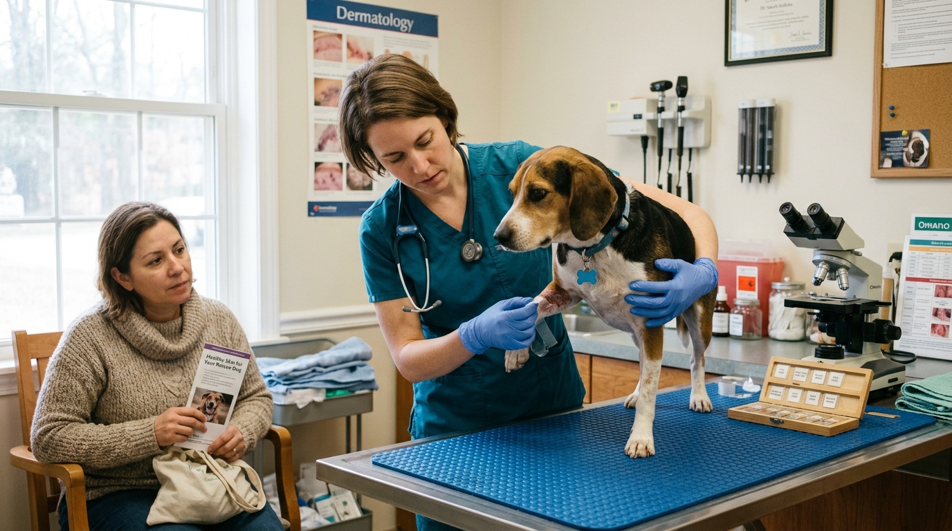 Figure 2: Gentle In-Clinic Tape-Strip Impression Sampling — A veterinarian in scrubs obtaining a skin tape impression from an irritated paw fold of a calm rescue dog on a clinic mat, demonstrating rapid, low-cost diagnostic techniques to an attentive adopter.