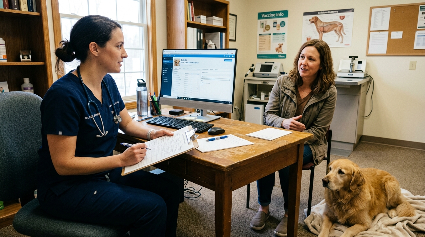 Figure 2: Veterinary Clinical History Reconciliation & Timeline Review — A clinician reviewing an objective home symptom progression log with an attentive dog owner across a consultation desk, aligning physical findings with observed home behaviors.