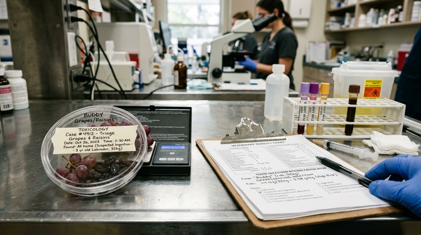 Clinical toxicology triage setup with grape and raisin specimen identification