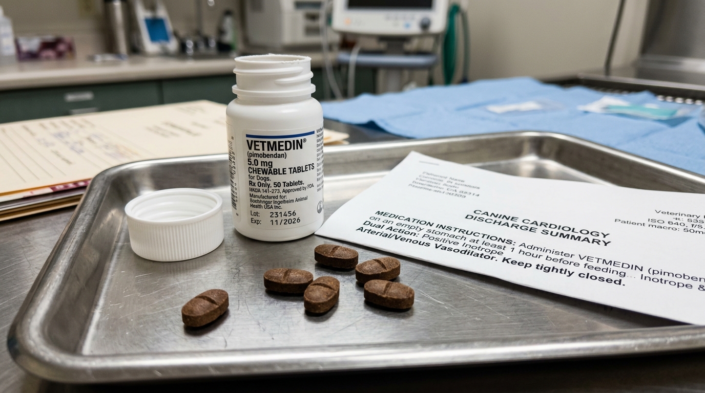 Prescription bottle and scored chewable tablets of Vetmedin 5.0mg pimobendan on stainless clinic tray beside canine cardiology clinical notes