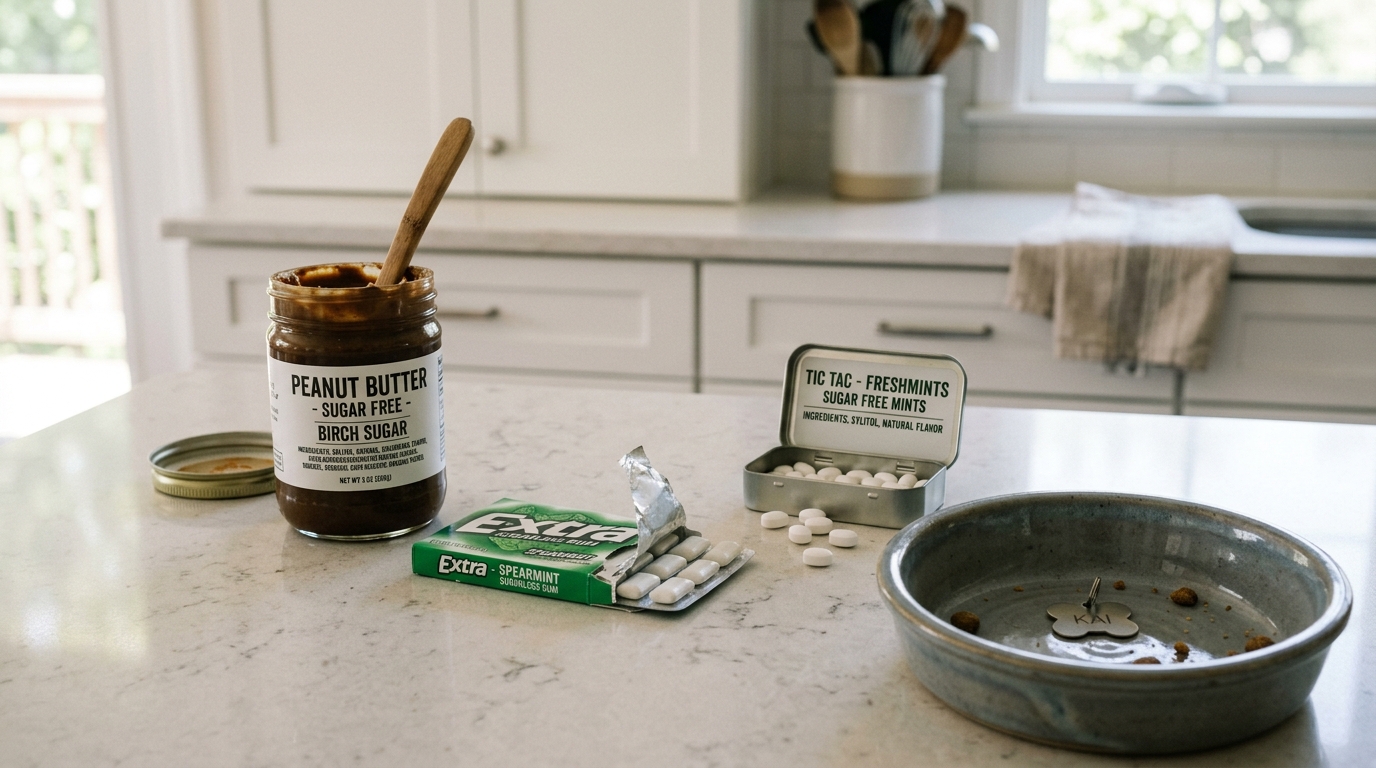 Sugar-free peanut butter jar, birch sugar mints, and sugarless chewing gum on kitchen counter beside pet bowl